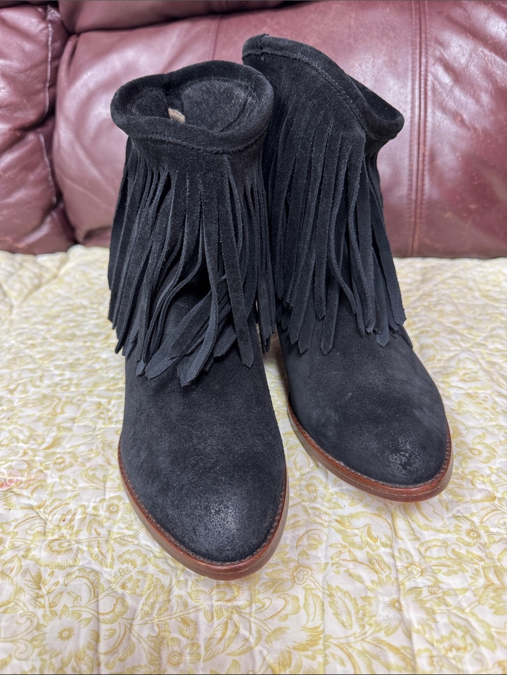 Frye Black Suede Fringe Ankle Boots